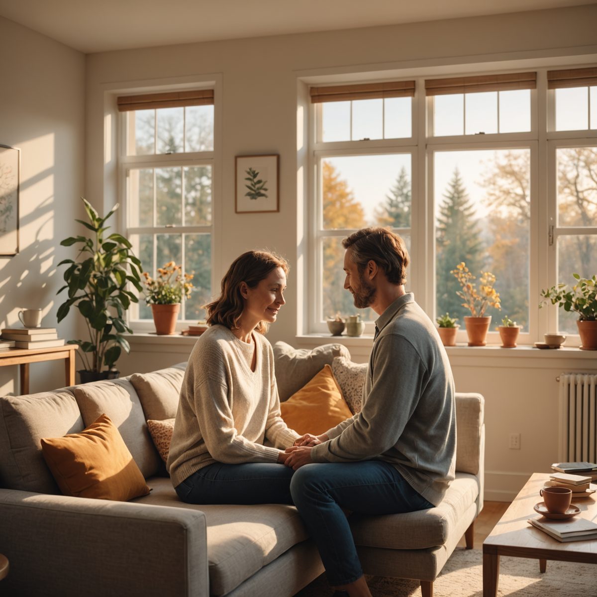 Pareja conversando en casa